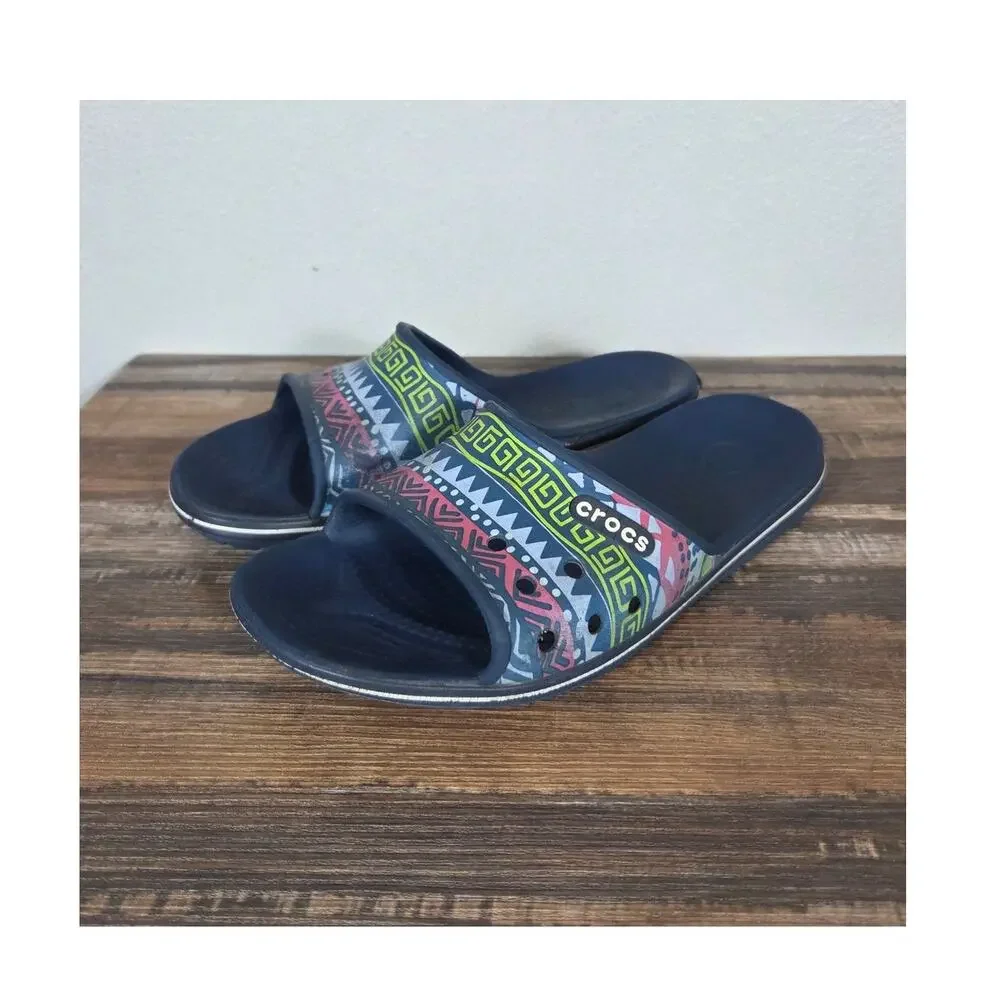 Crocs Youth Navy Blue Printed Open Toe Slide Sandals Boy 4 Girl 6